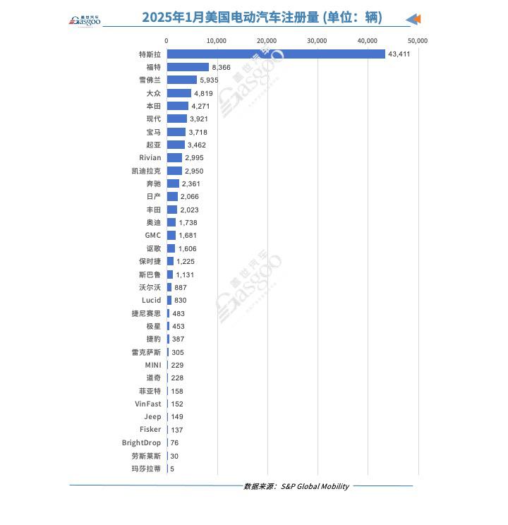 美国1月纯电动汽车注册量上涨14%，但市场份额增幅放缓